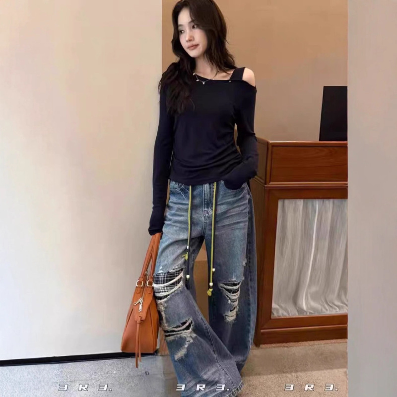2025秋季新款韩版复古露肩腰部抽褶斜肩长袖T恤女66911|undefined