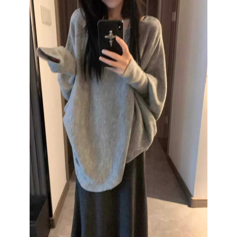 时髦气质蝙蝠袖时尚毛衣女秋季新款慵懒风宽松显瘦荡领长袖针织衫|undefined