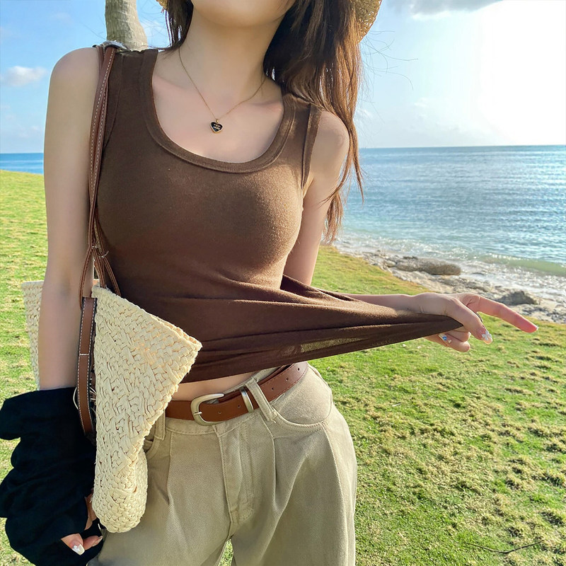 Coffee Brown Melard Style Tank Top for Women, Suitable for Layering or Wearing Alone, 2026 Summer New Sleeveless Base Top Coffee Brown Melard Style Tank Top for Women, Suitable for Layering or Wearing Alone, 2026 Summer New Sleeveless Base Top