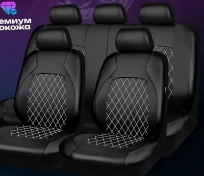 Universal seat cover – Single-Line Diamond Quilted Embroidery, Curved Leather - black-leather-and-white-thread-9-piece-set-five-seats