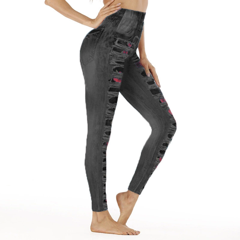 Джинсовый эффект спортивные лосины для женщин для бедер, высокоя waistband, плюс размер S–5XL