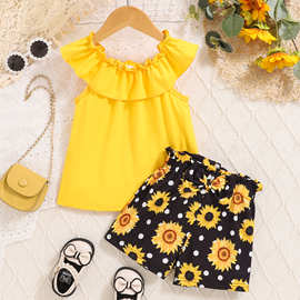 2025夏装女童法式复古黄色无袖褶皱露肩荷叶边上衣向日葵满印短裤