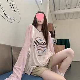 防晒衣女长袖夏季薄款宽松插肩t恤字母印花拼色空调罩衫早秋上衣