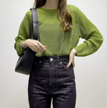 202023秋季新款乐天ins热销宽松显瘦日系网眼镂空针织衫长袖上衣