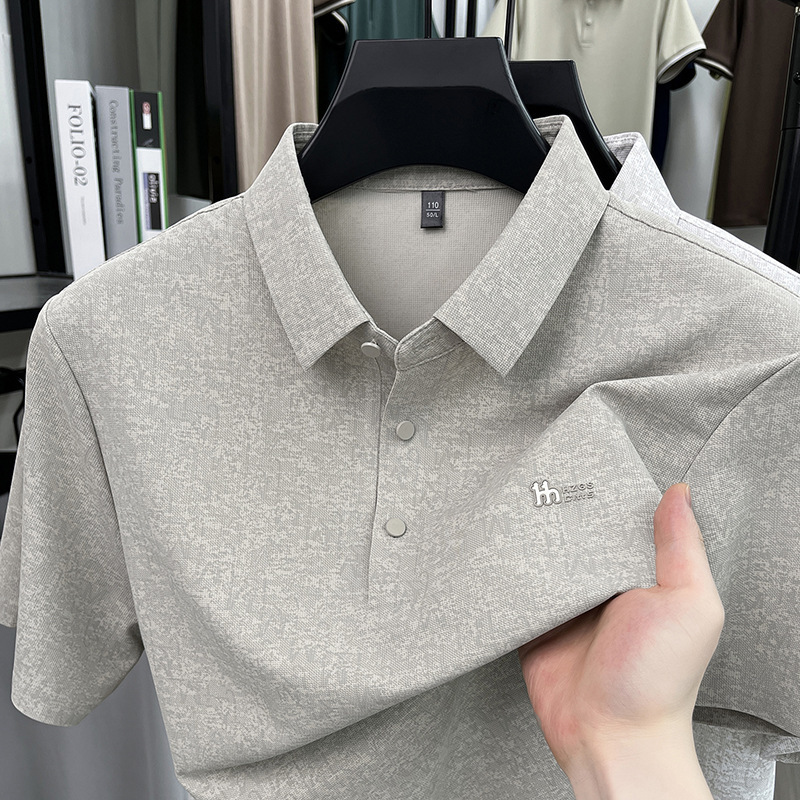 Foreign Trade Hot-Selling Summer Lightweight Breathable High-Elastic Printed Men's Short-Sleeve T-Shirt Business Thin Casual Polo Shirt