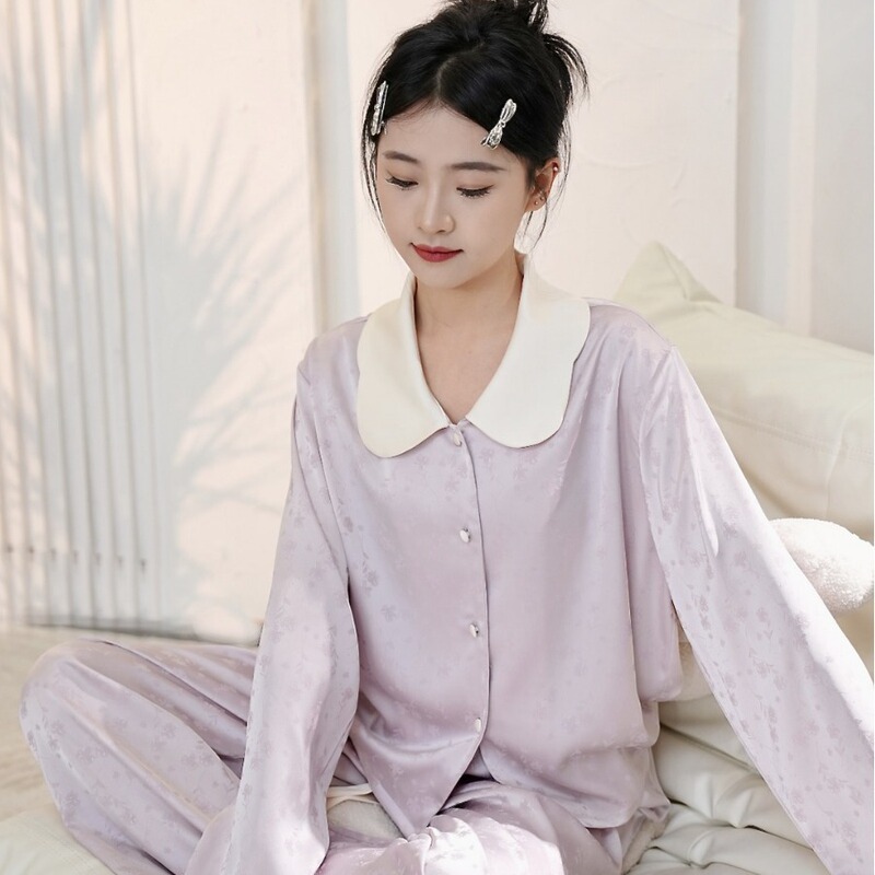 Purple Jacquard Pajamas for Women, New Spring and Autumn Long-Sleeve Ice Silk Satin Loungewear, Light Luxury French Elegant Style