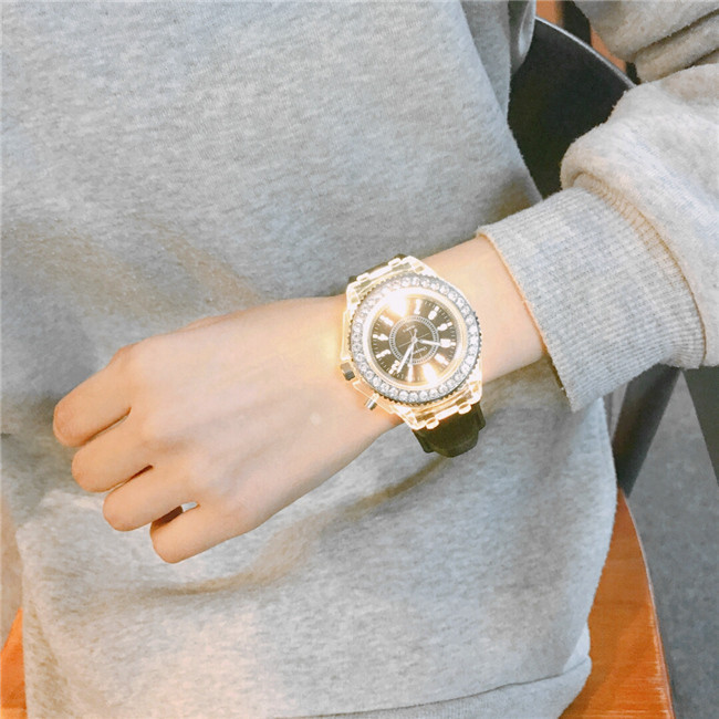 Luminous luminous personality rhinestone led Harajuku Korean fashion trend men and women students couple jelly quartz watch_voghion.com