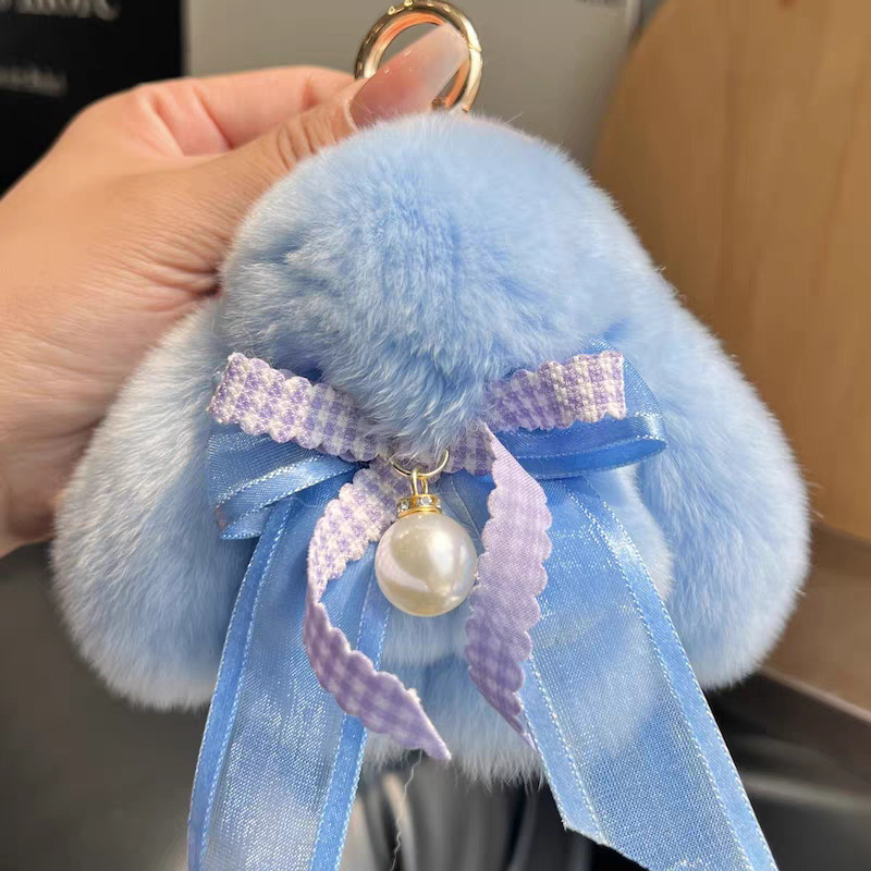 Cute conejo real peludo arco perla pequeño conejo llavero de coche colgante muñeca de peluche bolsas colgante