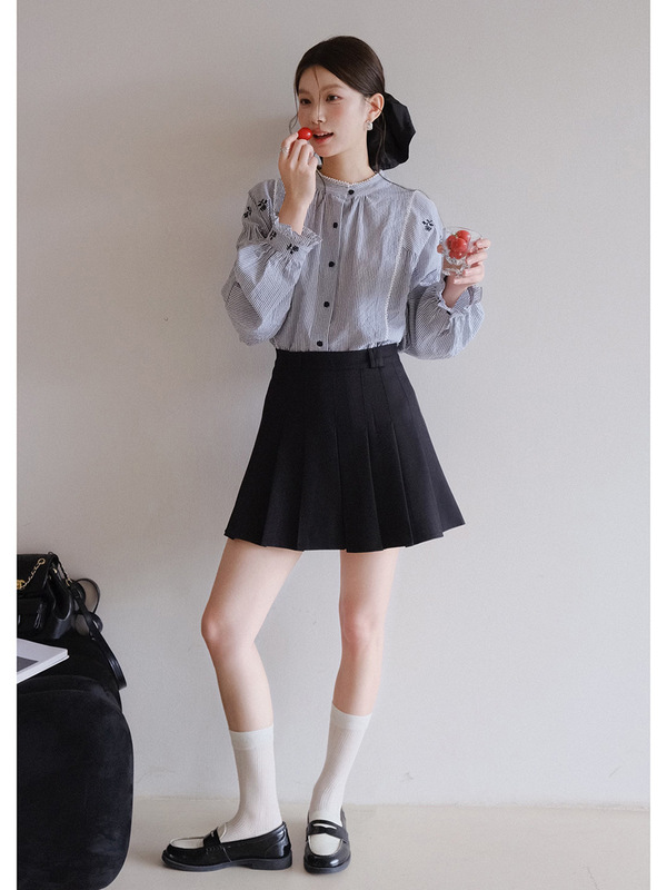 【伞柄雨痕 配丝巾腰带】歌铭韩系百褶短裙女秋季a字半身裙N504C|undefined
