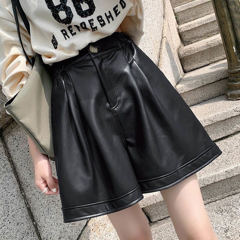 Pu Leather Shorts, High-Waisted Women's Elastic Waist Leather Pants, Large Size Boot Pants, Wide-Leg Pants, Loose and Stylish, Autumn and Winter Outerwear, Black