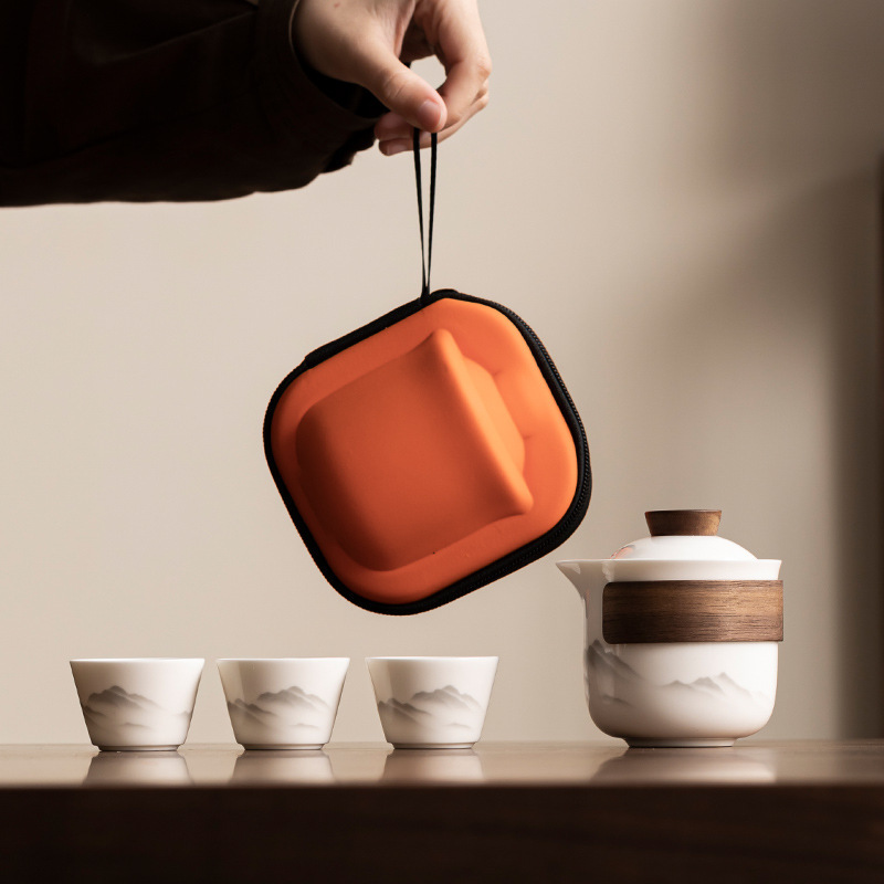 suede jade porcelain kung fu travel tea set tea cup suit light luxury convenient high-end outdoor advertising business activity gift
