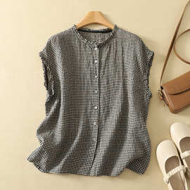 实拍2025夏季新款棉麻小格子边宽松衬衫上衣无袖T恤复古背心