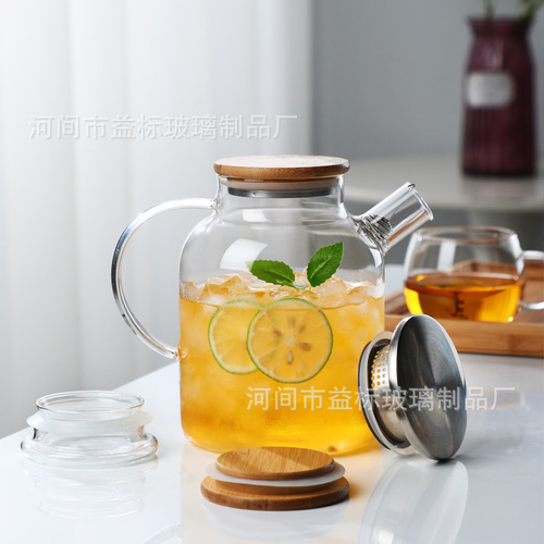 Wholesale thickened large capacity heat-resistant glass bamboo lid kettle kettle cold kettle transparent fashionable scented tea juice tea kettle