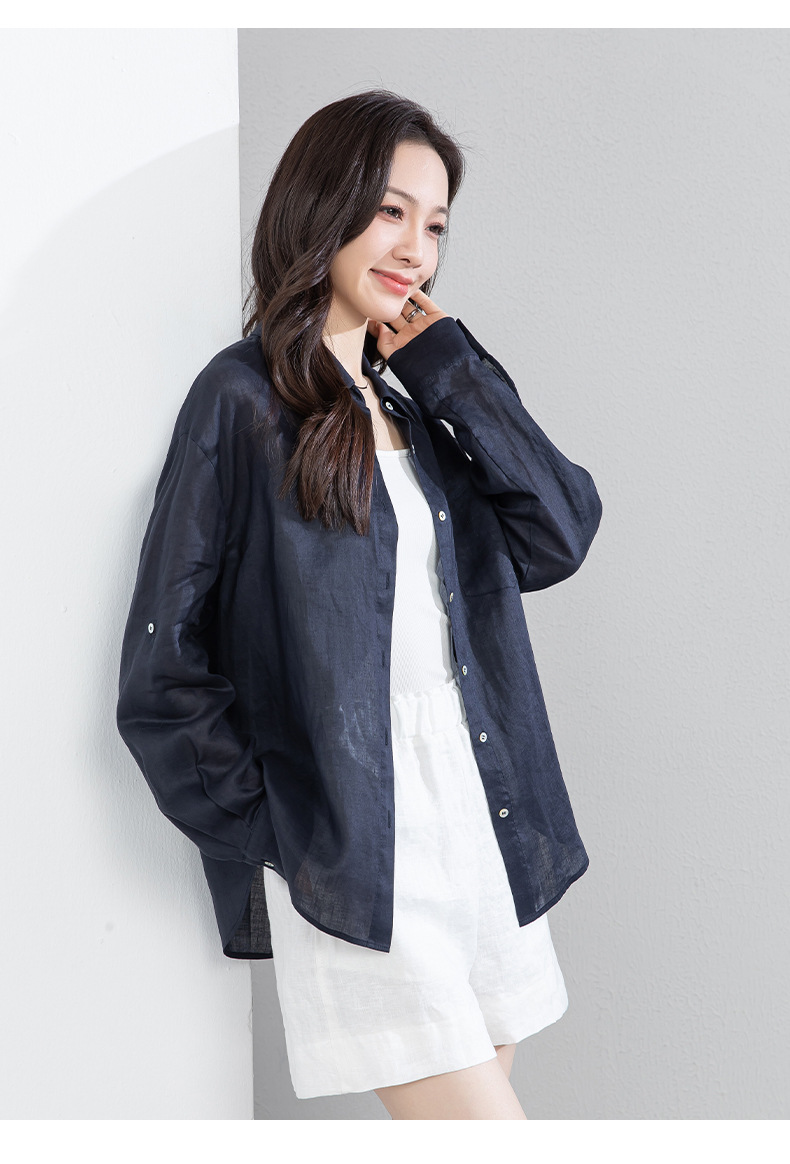 Áo chống nắng nữ dáng dài cổ V tay lỡ chất liệu ramie màu xanh navy — màu xanh navy chi tiết 21