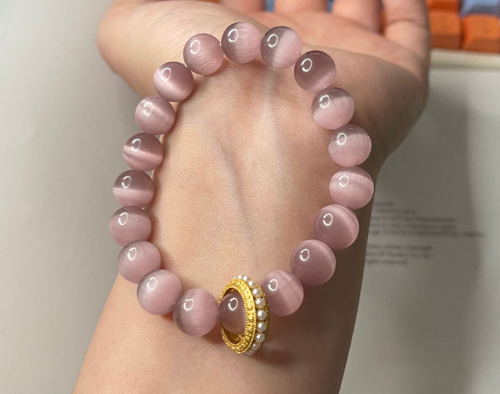 Rosa Katzenaugen Steinperlen Armband Elegant Für Damen_voghion.com