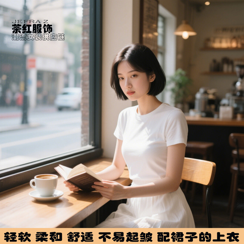 Round Neck Pure Color Cotton Right Shoulder Slim Fit Women's T-Shirt, Elegant Short-Sleeved Women's Summer High-End Top with Skirt