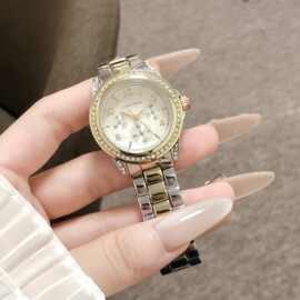 间金镶钻多盘计时手表白色表盘搭配间金精钢表带时尚优雅石英腕表
