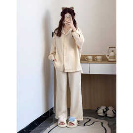 韩版简约翻领棉纱长袖睡衣女款春秋季纯棉家居服全棉休闲两件套装