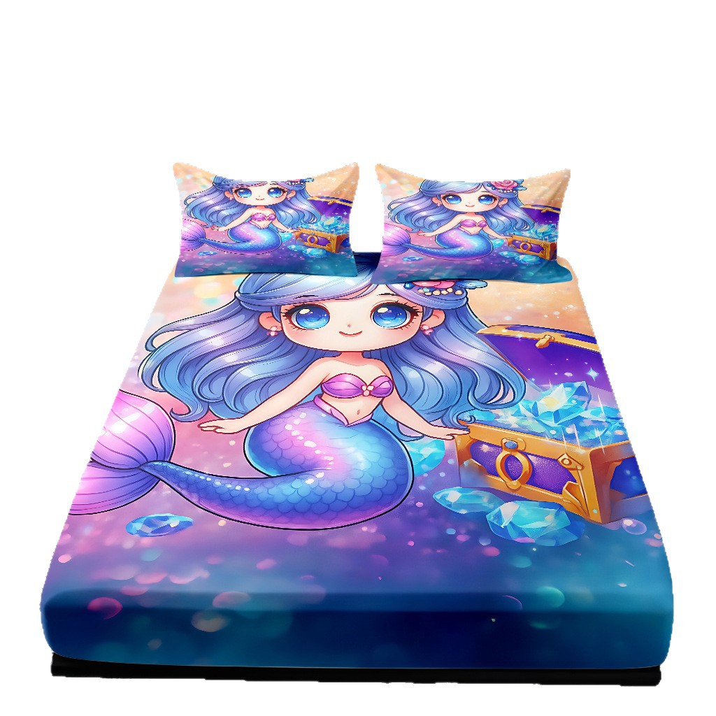 JIT modo Temu 3D impresión de caricatura sirena cama textil casera camisa ropa de cama tres piezas set transfronterizo mayorista