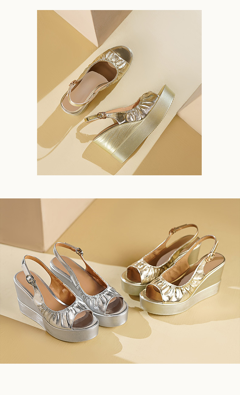 Sandal đế xuồng mũi cá vàng nữ phối váy, gót cao 9 cm, da PU kiểu La Mã — Màu vàng, Màu bạc chi tiết 6