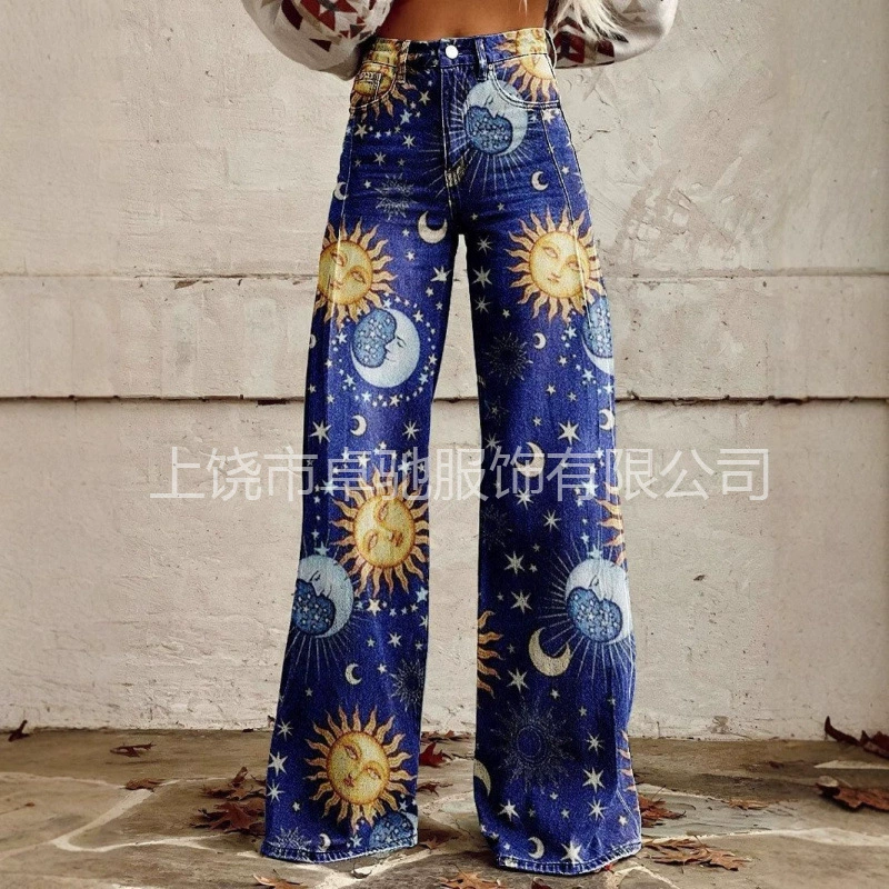 2025 цифровой принт пятиконечная звезда имитация джинсовые женские широкие брюки женские брюки расклешенные брюки Amazon горячие женские брюки