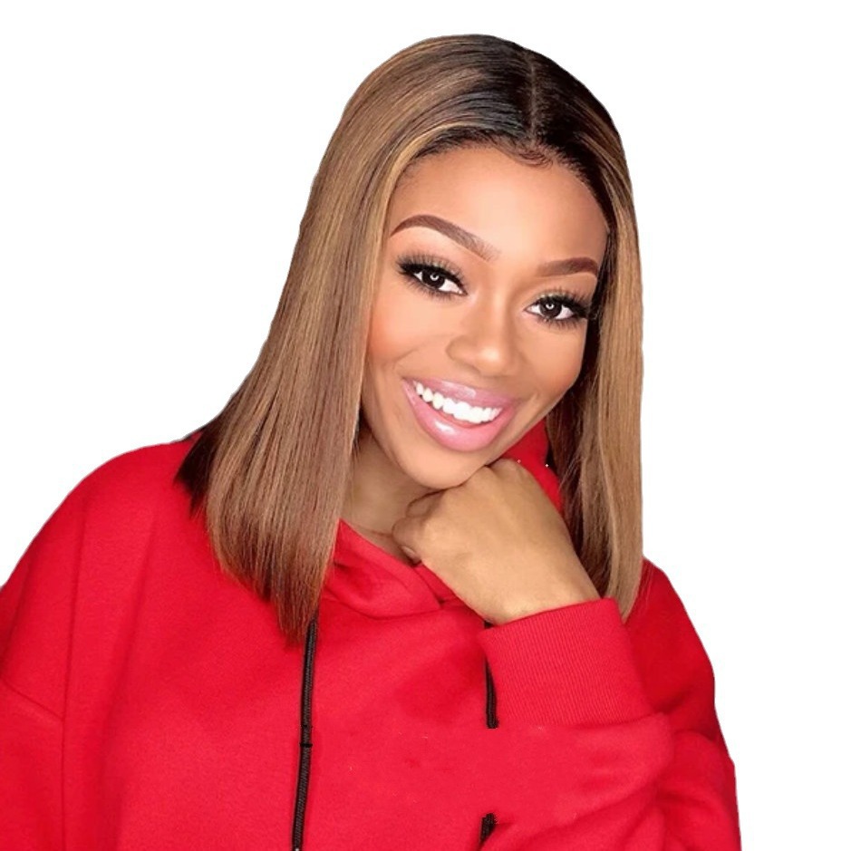 Peluca de cabeza de Bobo transfronteriza peluca europea y americana pelo liso corto para mujer, peluca de fibra química de color degradado medio, cubierta completa