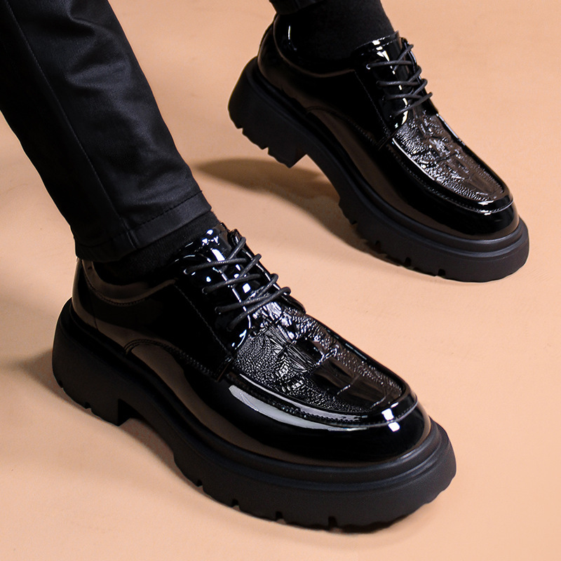 2025 Spring Men's Shoes Genuine Leather Youth All-match Lace-up Big Head Increased Thick-soled Men's Single-layer Shoes Wedding Shoes Patent Leather Bright 2025 Spring Men's Shoes Genuine Leather Youth All-match Lace-up Big Head Increased Thick-soled Men's Single-layer Shoes Wedding Shoes Patent Leather Bright