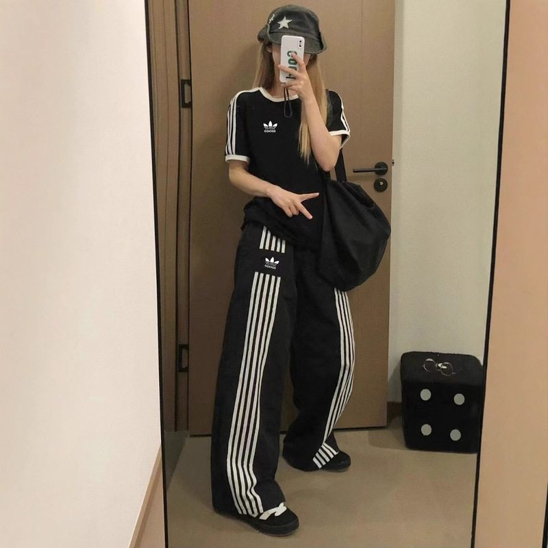 Support Logo Clover Casual Pants Women Summer Versatile Loose Three-Stripe Wide-Leg Pants Korean Fashion