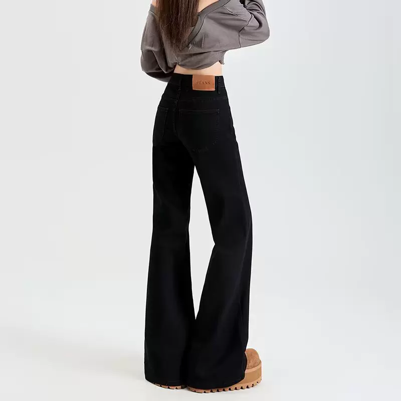 黑色微喇牛仔裤女裤子秋冬2025新款美式小个子不贴腿阔腿马蹄裤子