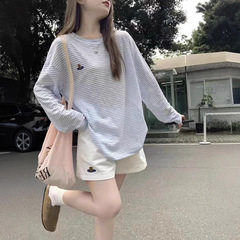 【工場直売】ストライプ刺繍の薄い日焼け止め長袖tシャツ高腰カジュアルパンツ女性新商品二点セット