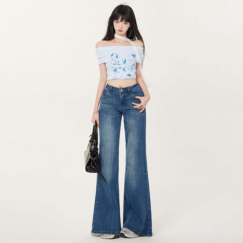 Wholesale Dropshipping Heavy-Duty Bamboo Pattern Super Retro Blue American Low-Waist Wide-Leg Bootcut Jeans with Good Fit Trousers