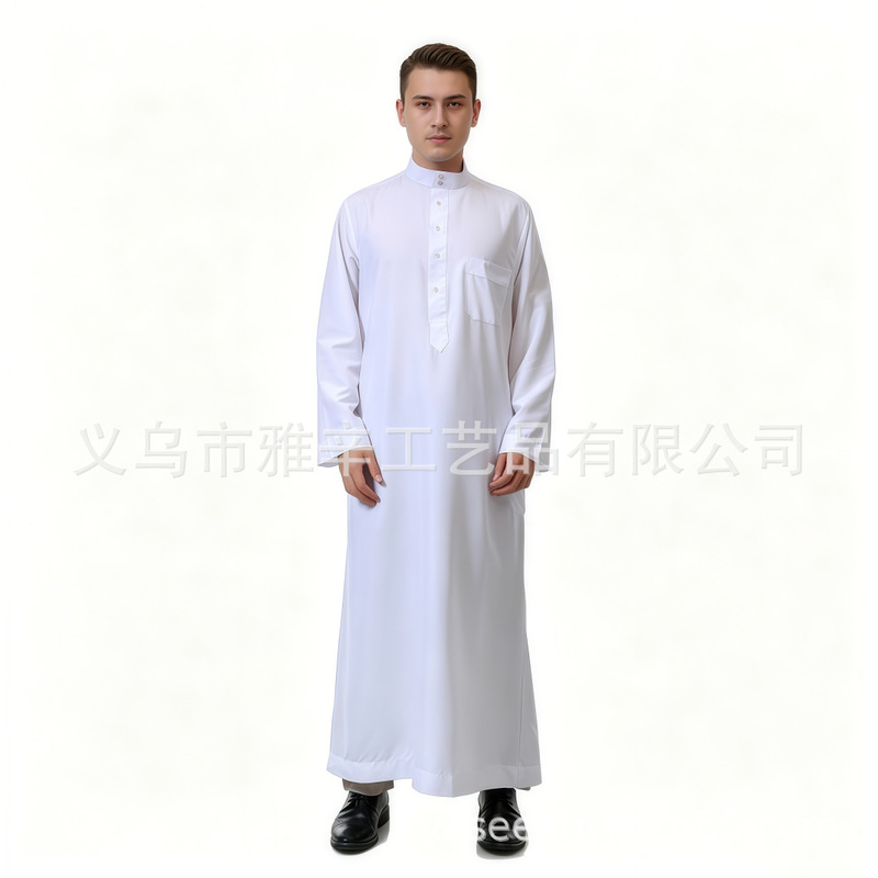 Cross-Border Popular Polyester-Cotton Men's Long Shirt, Solid Color Stand Collar Half-Open Placket with Pockets, Loose Oversized Robe, Export Ready Stock