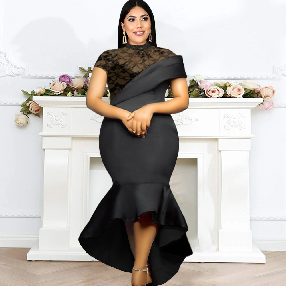 Vêtements pour femmes Col montant Manches courtes Sexy Transparent Taille haute Jupe à volants Robe de soirée Robe grande taille pour femmes_voghion.com