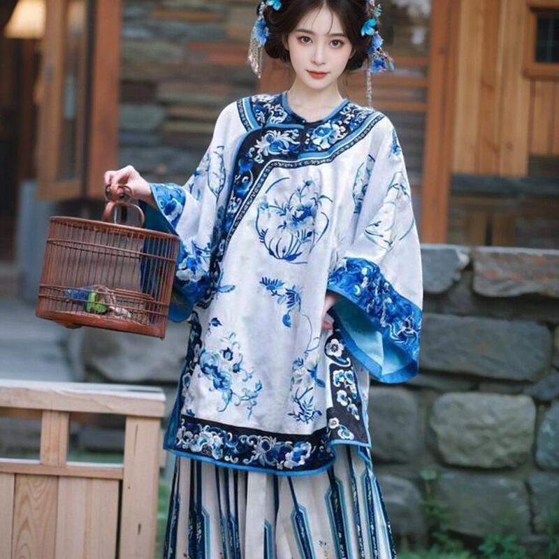Qing Dynasty Han Women's Heavy Embroidery New Chinese Style Blue and White Porcelain Young Lady's National Style Dress Hanfu Hanfu Women's Clothing for Petite Sizes