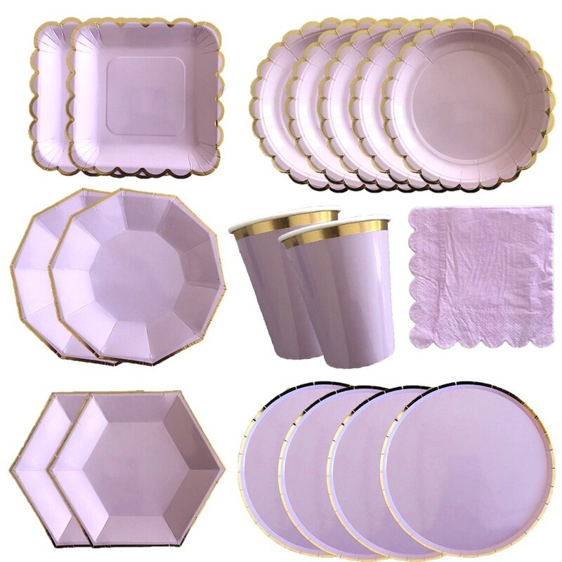 Party Cake Fruit Plate Purple Party Tableware suit Disposable Paper Tray Paper Cup Tissue for Birthday Wedding