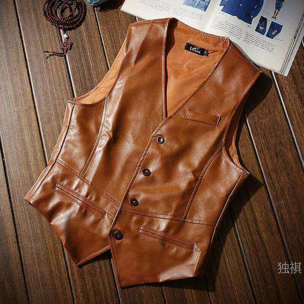 Men's Autumn New Casual Fashion Versatile Sleeveless Pu Vest Men's Leather Slim-Fit Vest Western Cowboy Style