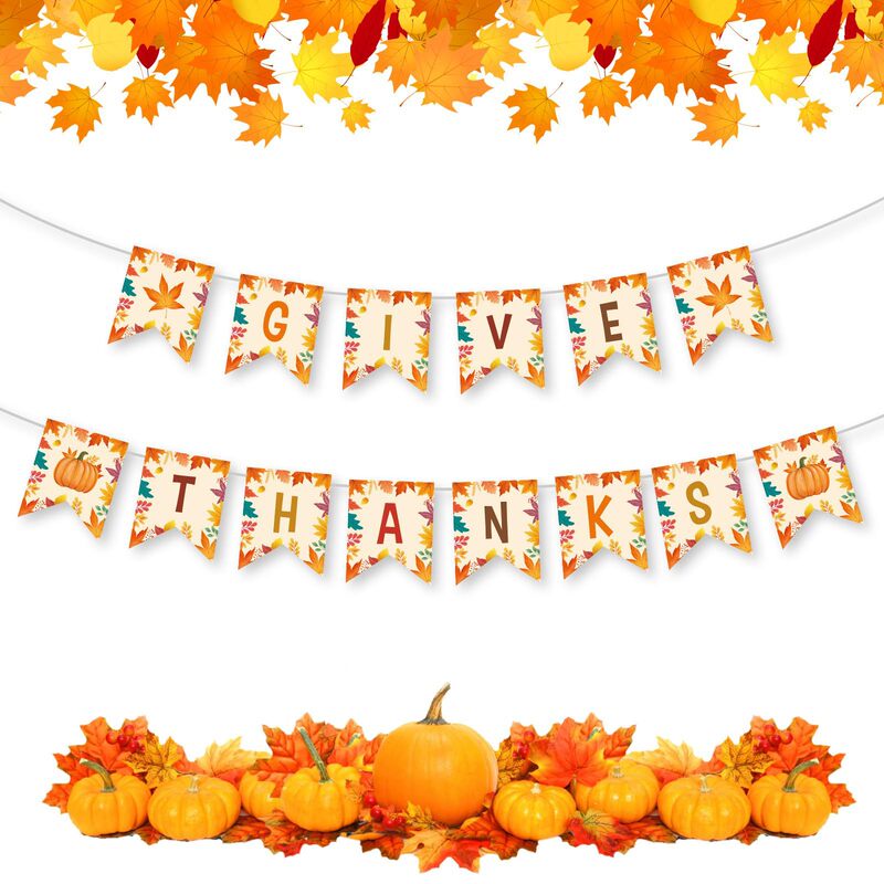 Happy Thanksgiving Decorative Banner. Autumn Maple Leaf Pumpkin Banner, Agave Party Decoration Wine Bottle Banner