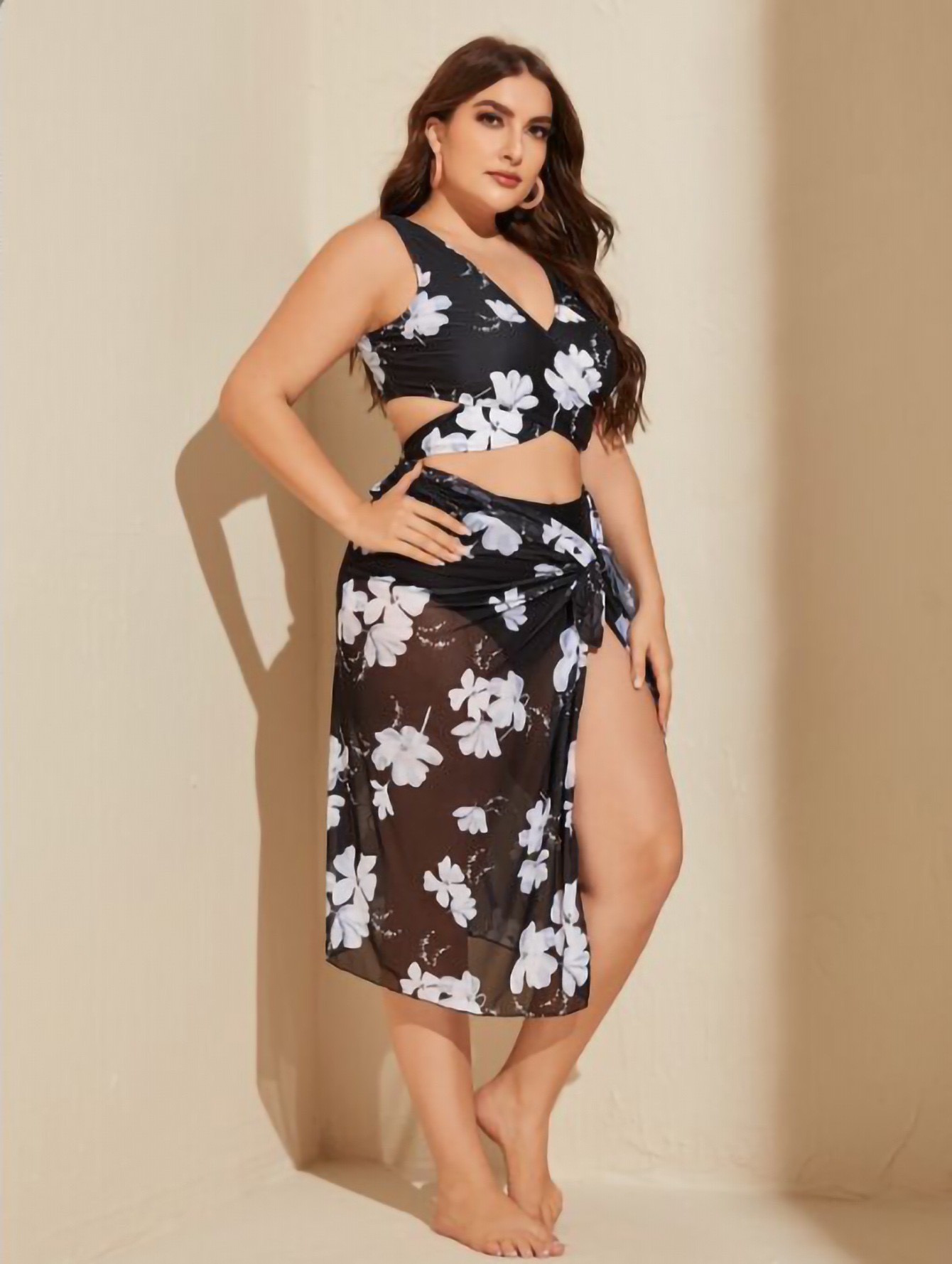 Large Size floral Print v-neck High Waist perspective mesh three-piece set beach Swimsuit  NSJHD122062