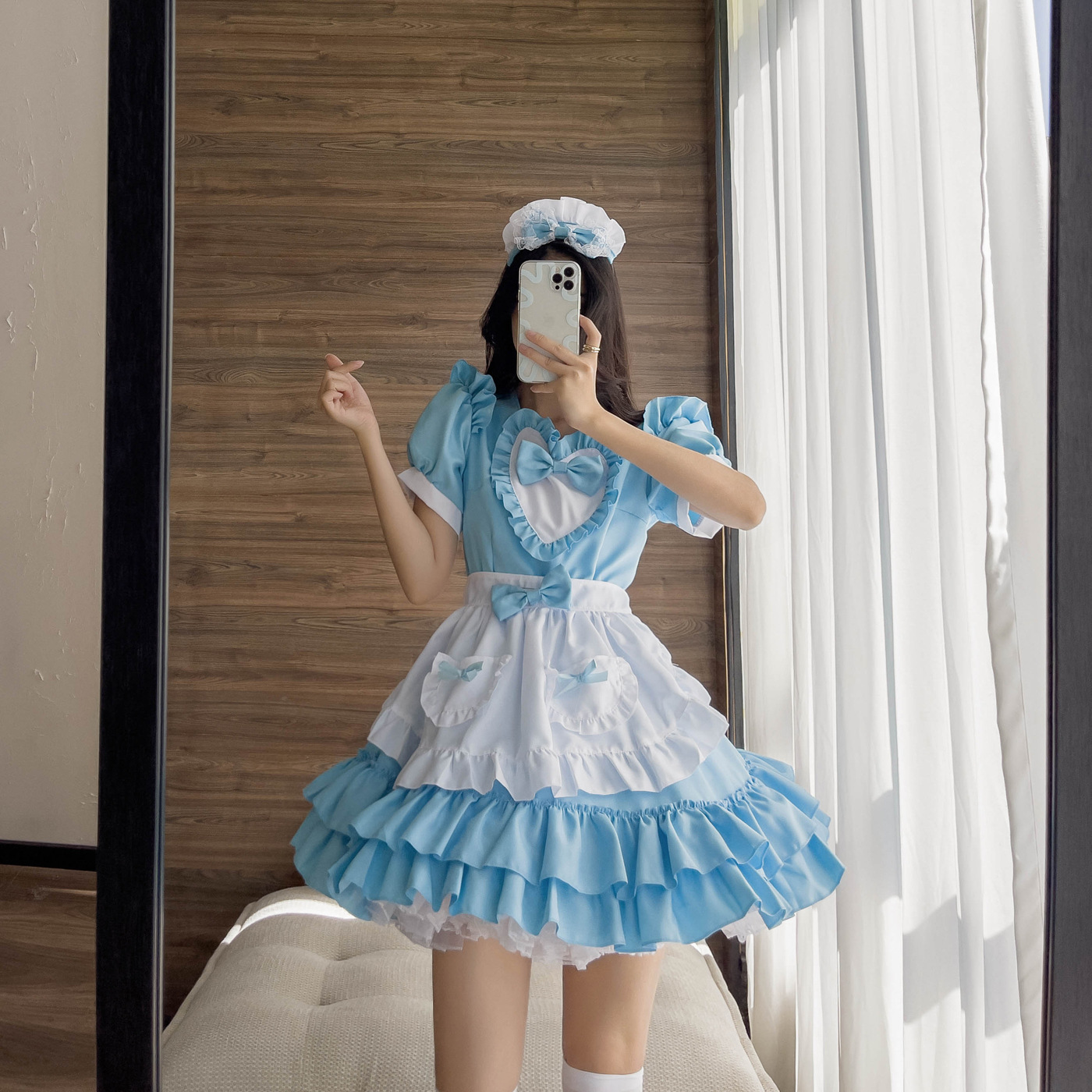 Japanese sexy cream blue dress