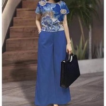 跨境2023新款跨境套装夏季时尚纯色大码宽松短袖印花长裤两件套女