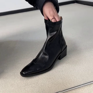 牛皮版~法式方头低跟粗跟短筒后拉链时尚新款秋季新款短靴靴子女