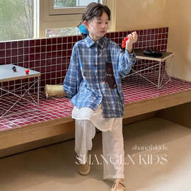 女童韩版春夏早秋长袖格子衬衫邹邹裤套装薄款卡通超好看夏装外套