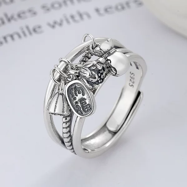 Yunchaoxuan S925 Sterling Silver Ring Women's Retro Small Pendant Tassel Lotus Creative Ancient Style Literary Style Opening Adjustable