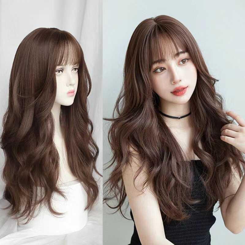 Cross-border Japan and South Korea Air Bangs High Temperature Silk Curly Hair Wig Women's Wig Headgear Long Hair Full Head Wig Cover