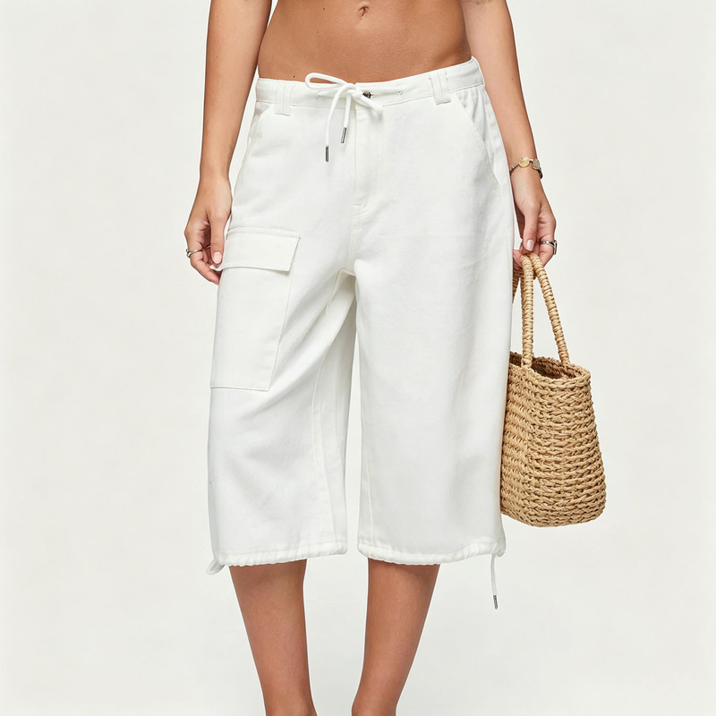 2026 Cross-border American-style loose straight-leg casual workwear pocket women's denim-colored solid color cropped pants