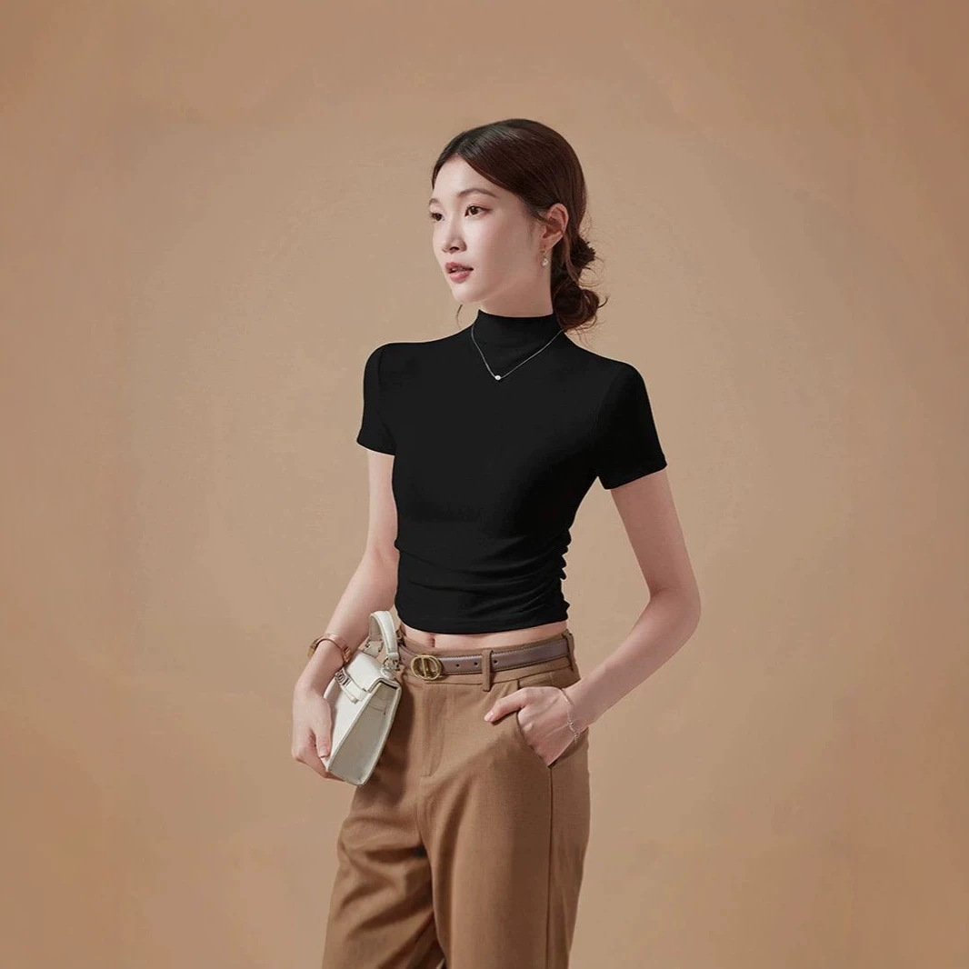 Popular Half-High Collar Short-Sleeve Top for Women, Thin Style, Suitable for Layering or Wearing Alone, Slim Fit, Flattering, Enhances Bust, Pure Desire Spicy Girl Tight-Fitting T-Shirt
