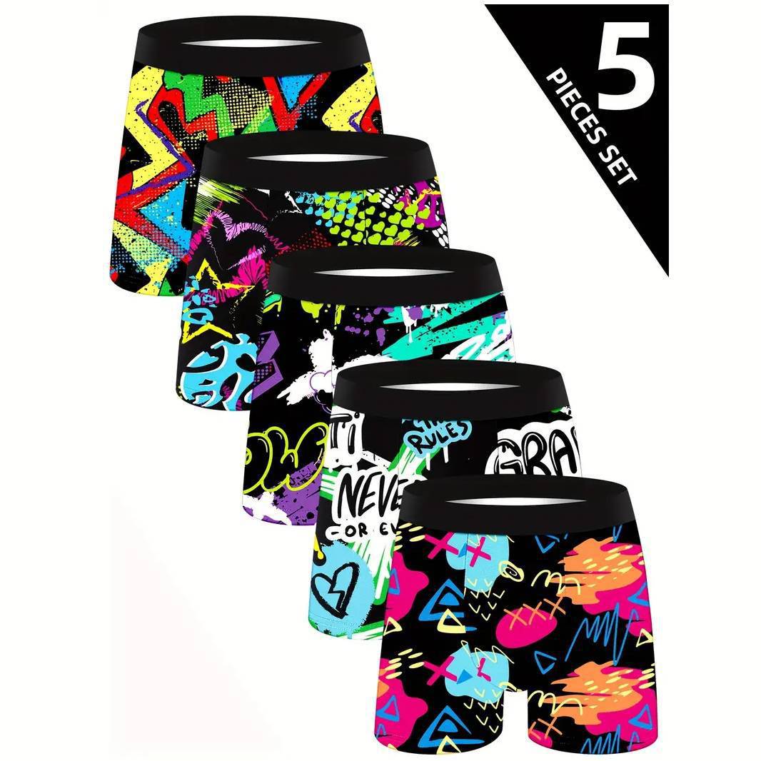 Men's Novelty Printed Stretch Long Version Graffiti Style Underwear with Extended Leg and English Wash Label, European and American Size