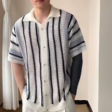美式条纹镂空针织开衫男网眼透视短袖衬衣松弛感休闲工装线衣寸衫