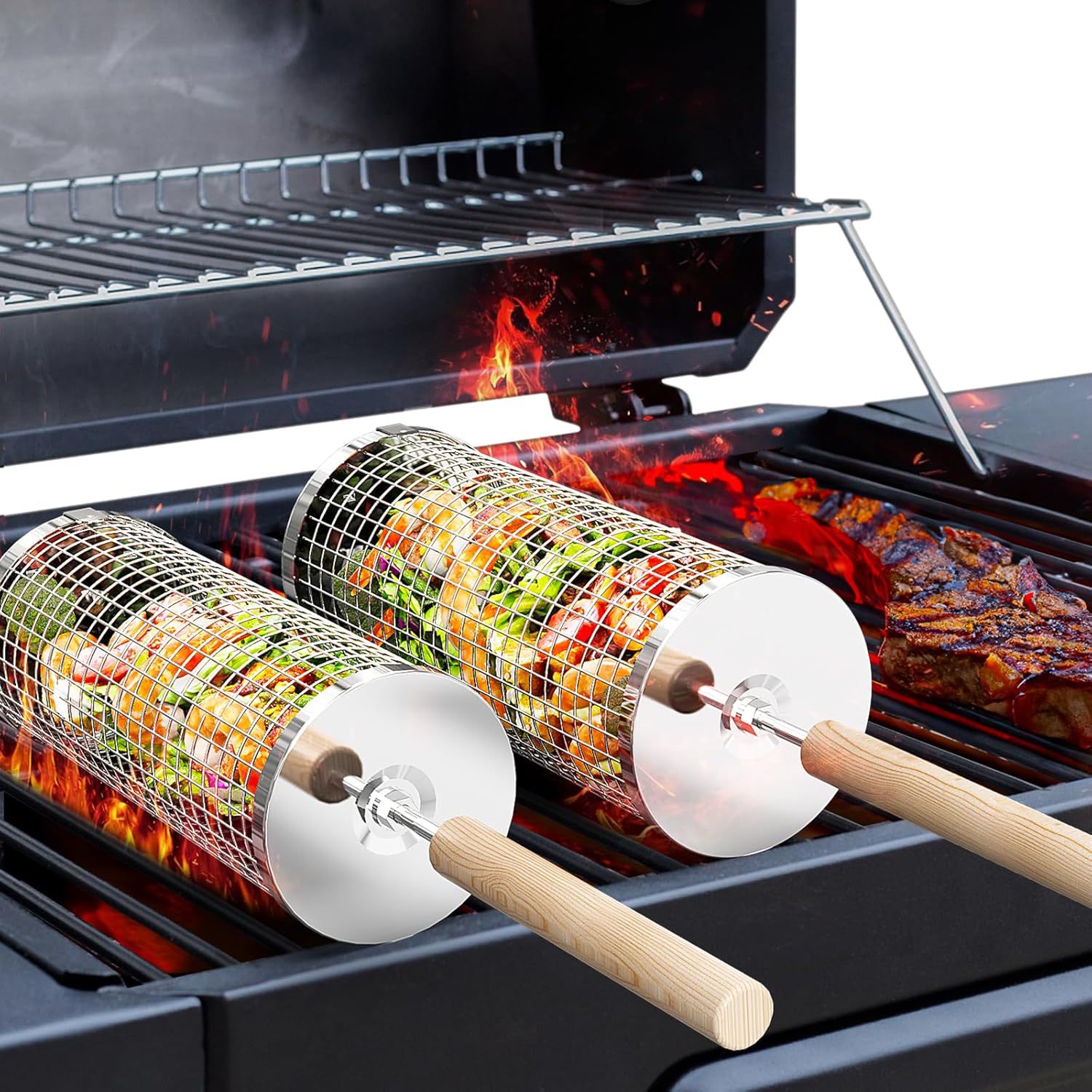 Amazon Rolling Barbecue Cage Outdoor Stainless Steel Barbecue Net Cage Bbq Barbecue Tube Net Cage Barbecue Net Cage