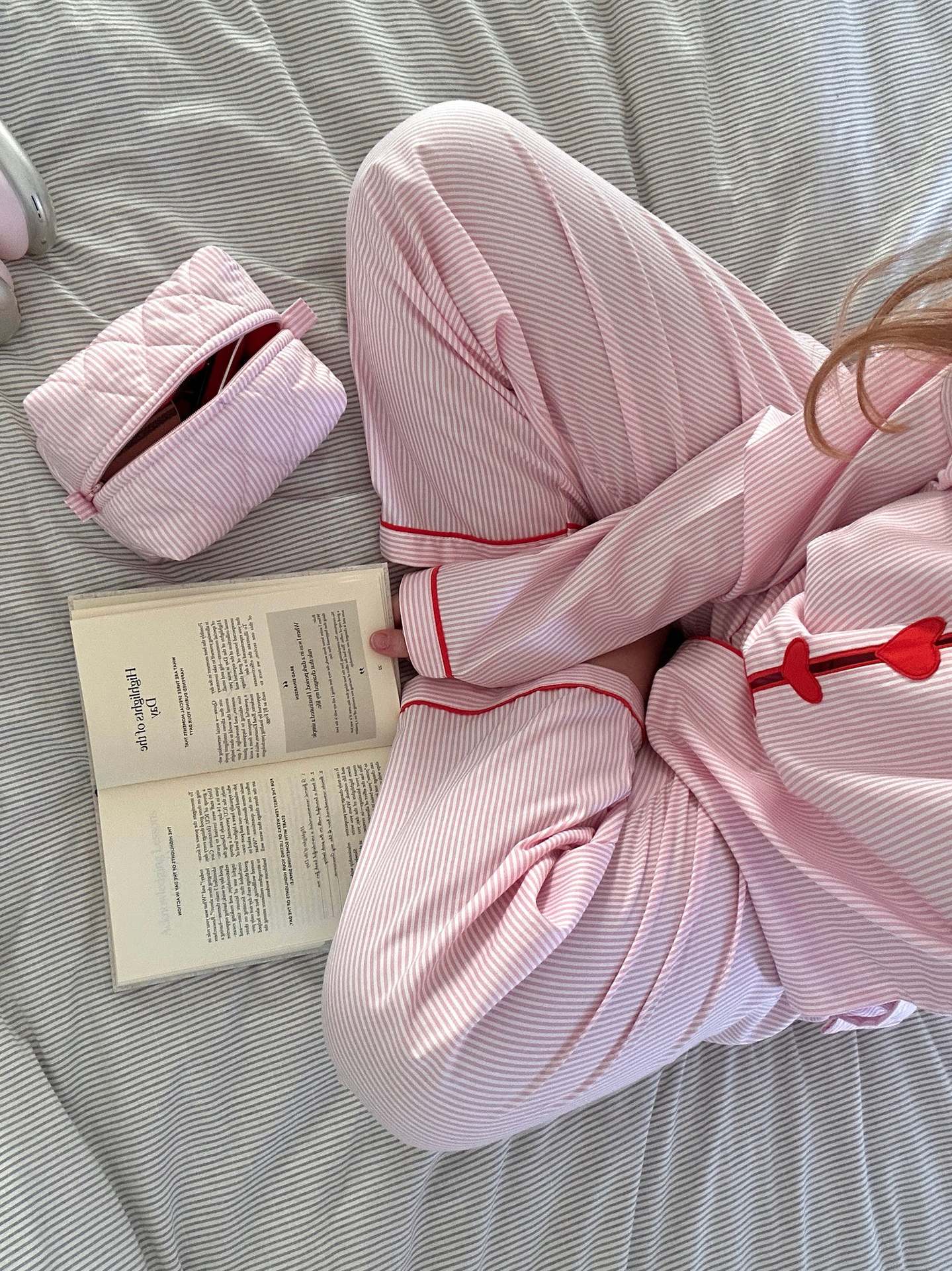 Regular Top Length Pants Sets Sets Type Home Women's Casual Sweet Stripe Heart Shape Cotton Pants Sets Pajama Sets